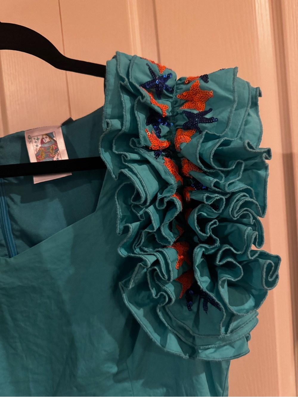 QUEEN OF SPARKLES Teal Midi Dress with Ruffled Sleeves & Embroidered Fish - Picture 4 of 4